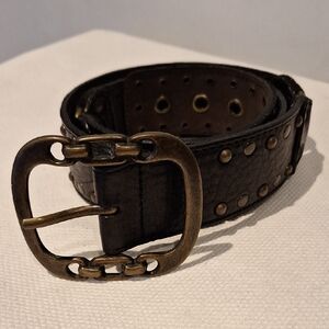ABACO Paris Women's Black Leather Belt with Brass Studding And Buckle Size M